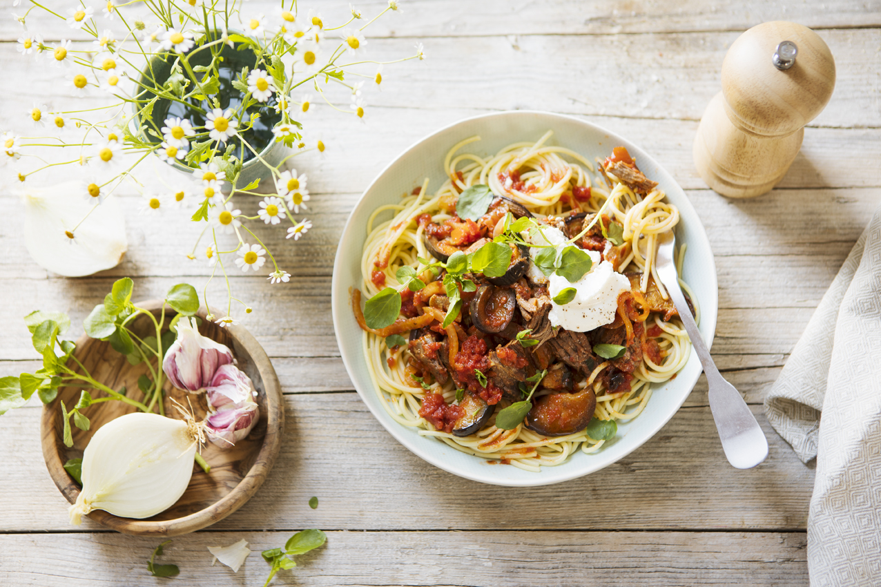 Aubergine stew with Irish beef, tomato, spaghetti and ricotta