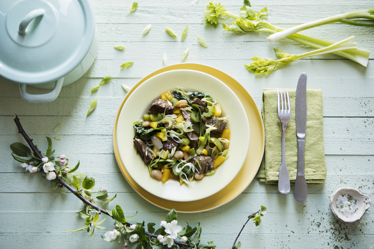 Irish Beef Stew, white beans, yellow pepper, spinach, and spring onion